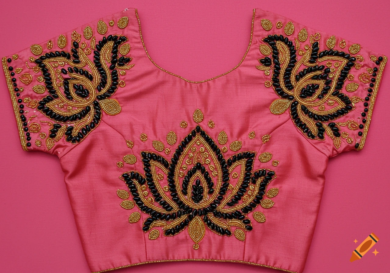 Pink Indian saree blouse with intricate black and gold beaded lotus designs.