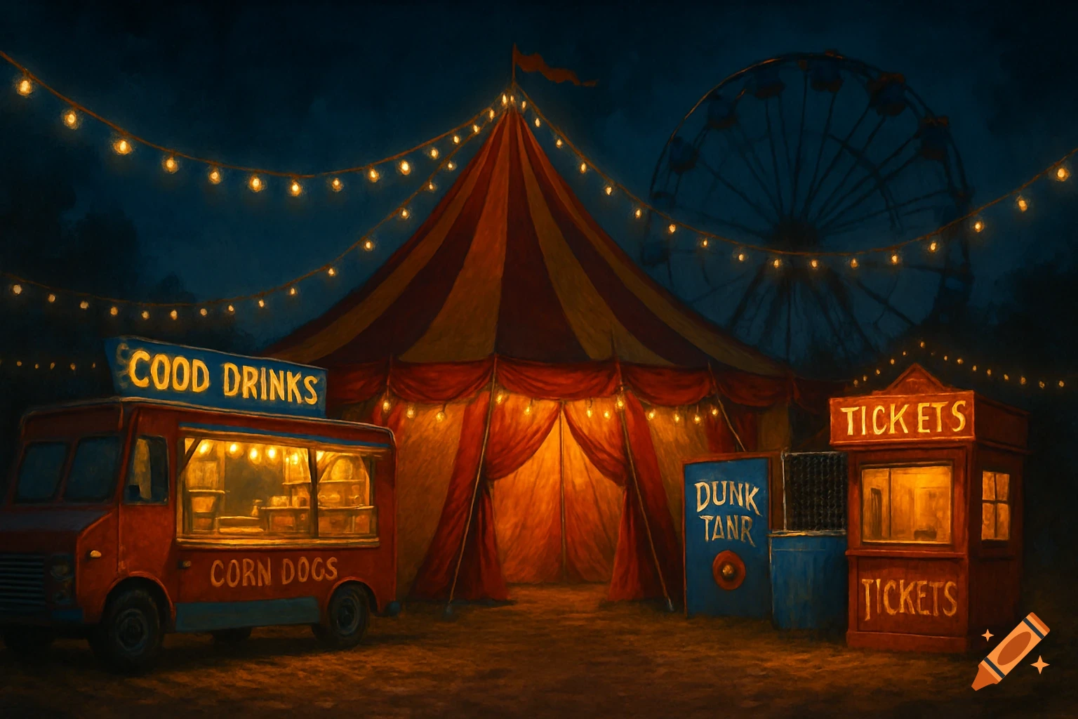 A carnival tent, Ferris wheel, food truck, dunk tank, and ticket booth are set up at night with string lights overhead.