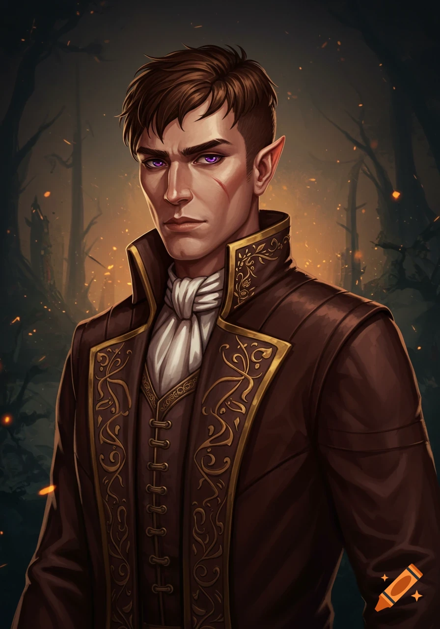 Portrait of a male fantasy character with pointed ears, short brown hair, purple eyes, and a scar, wearing an ornate brown coat.