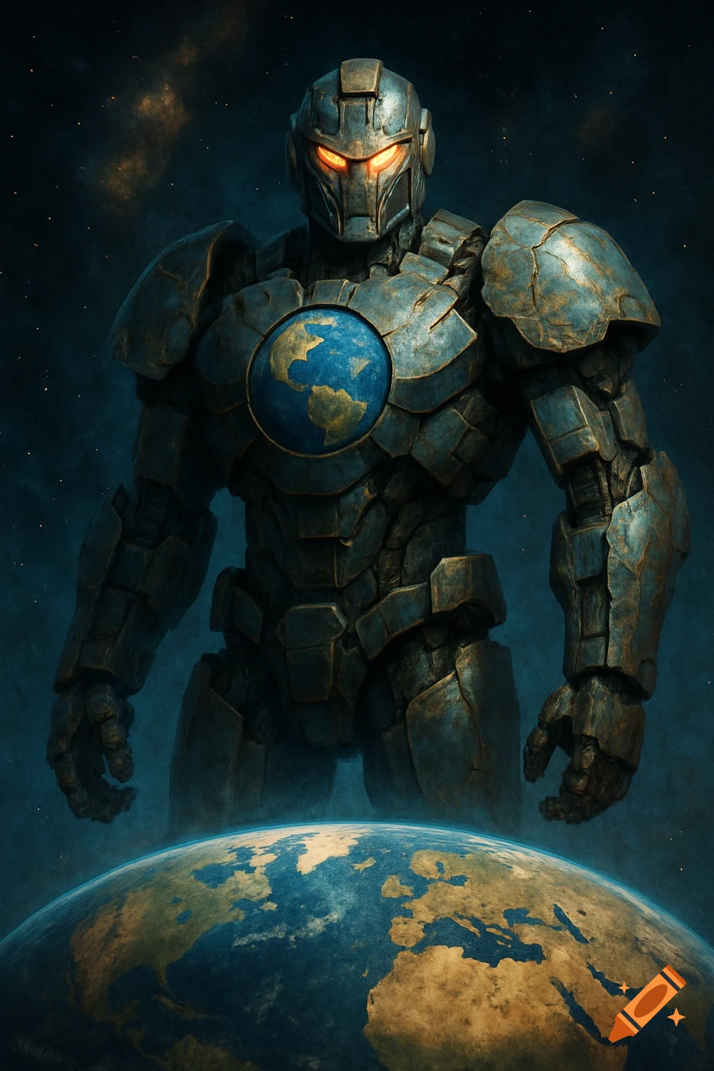 A massive metallic robot with a globe on its chest stands over the Earth in space.