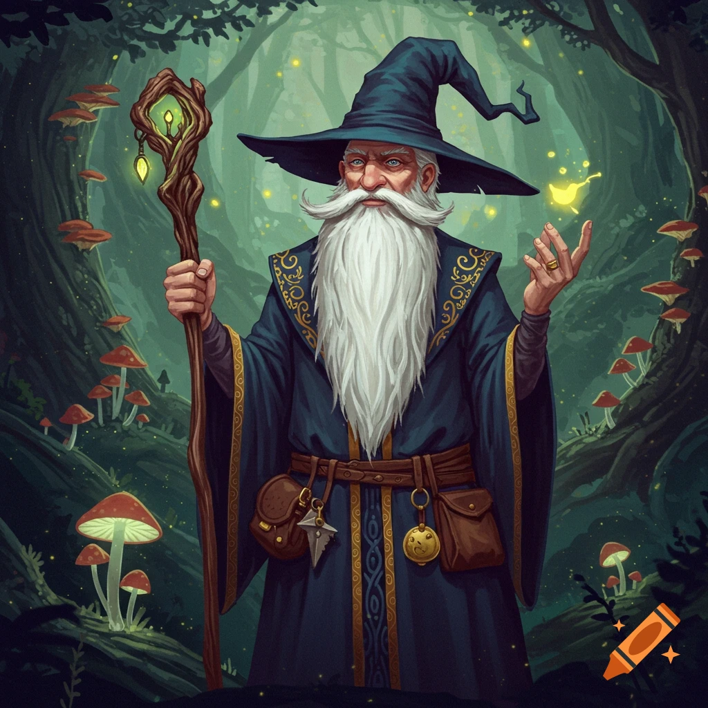 A wizard with a staff stands in a fantasy forest filled with mushrooms and glowing lights.