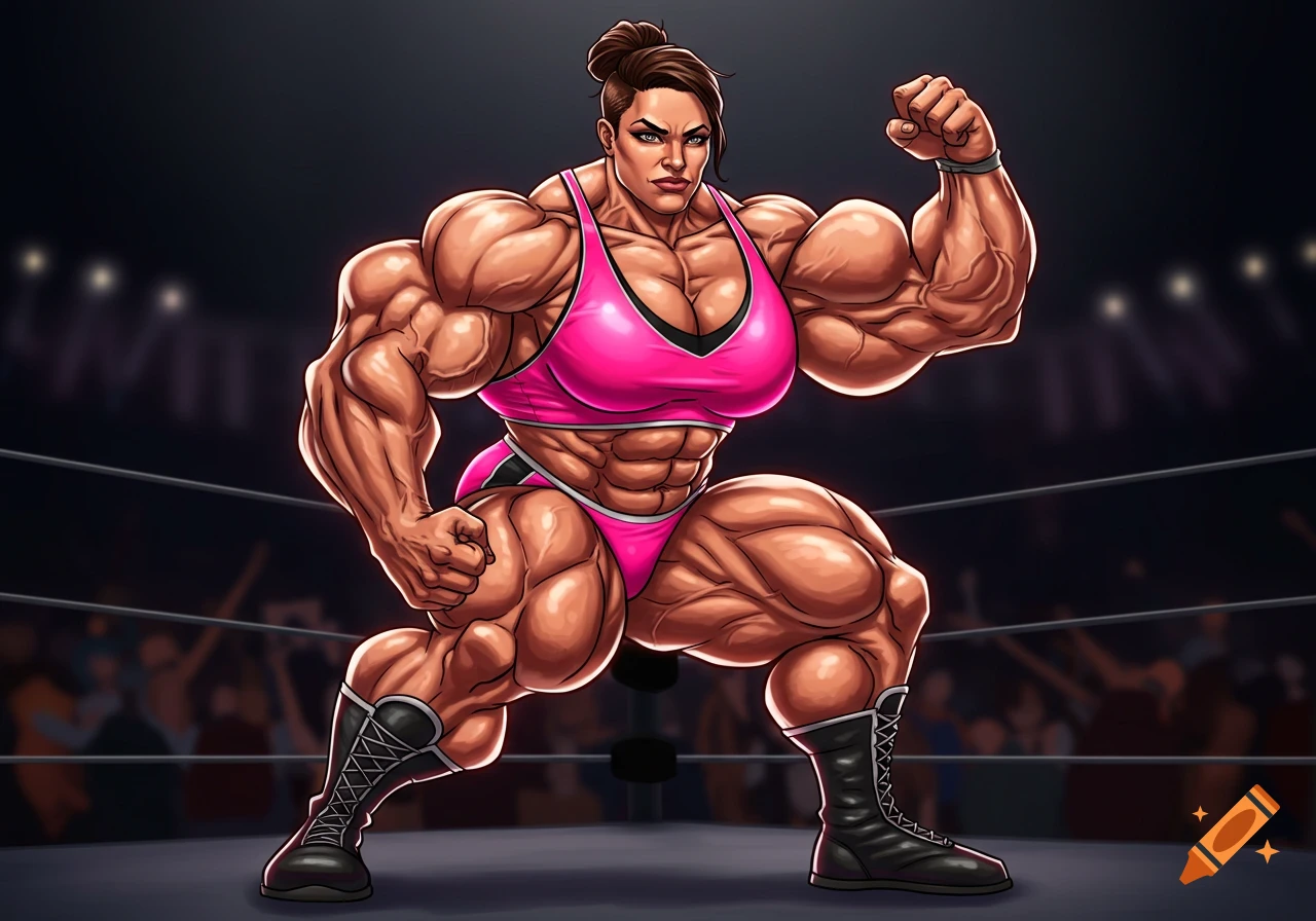 Muscular female wrestler posing in a ring.