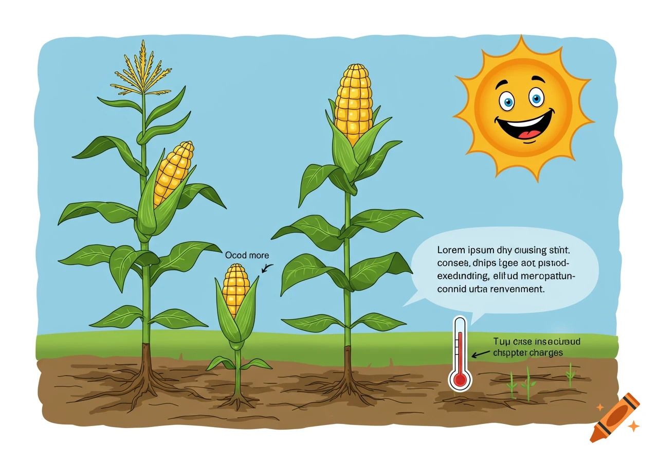 Cartoon illustration of corn plants, sun, thermometer, and soil