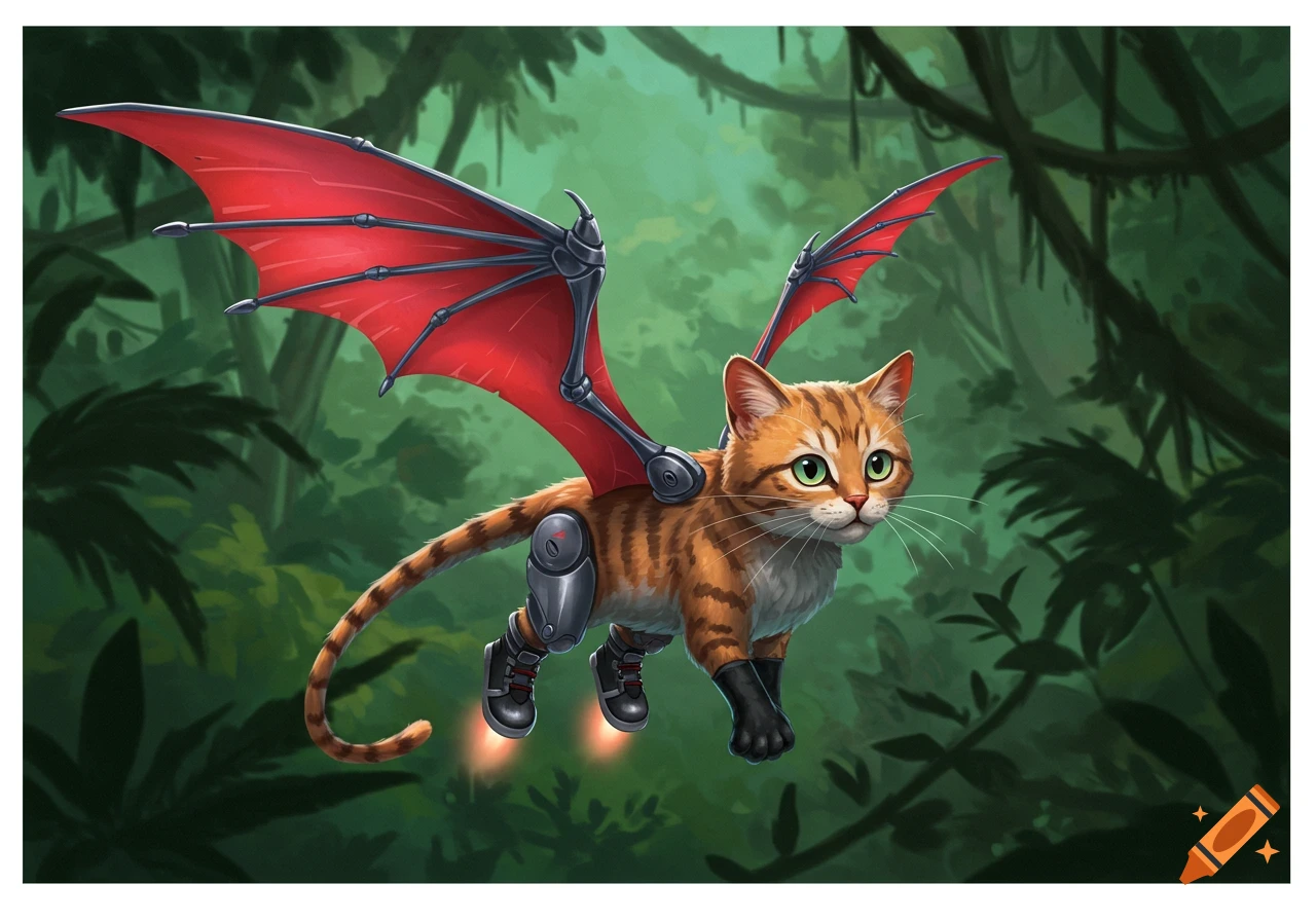 A flying orange tabby cat with red mechanical wings and jet boots soars through a lush jungle.