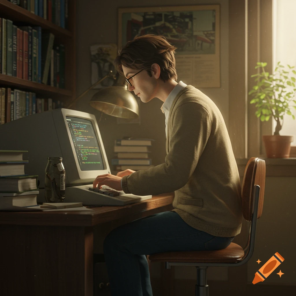 An illustration in Ghibli style shows a man working at a vintage computer in an office.
