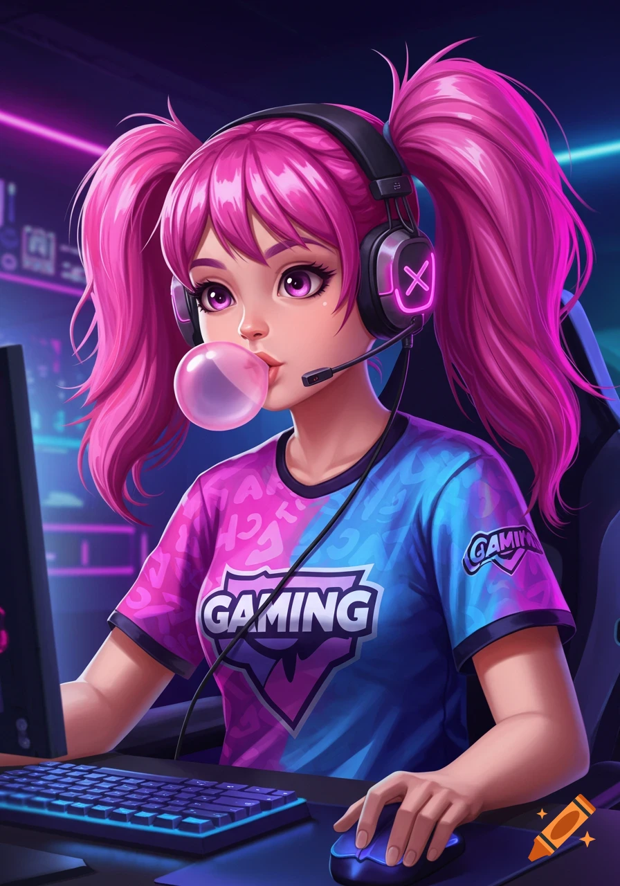 Cute gamer girl with pink pigtails chewing bubblegum while gaming.