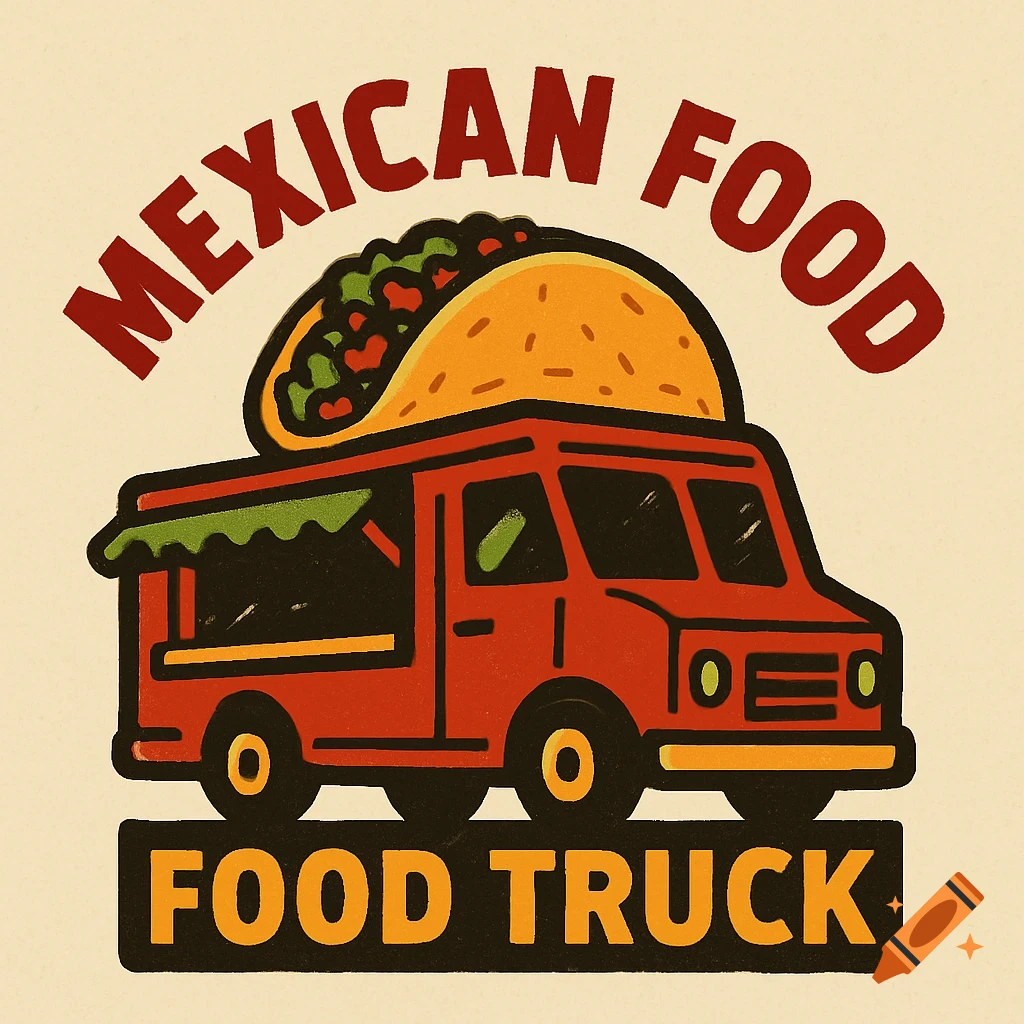 Mexican food truck logo illustration with text 'Mexican Food Food Truck' and a taco on top.