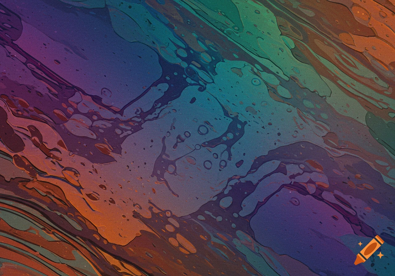 Abstract fluid pattern with purple, blue, green, and orange colors.