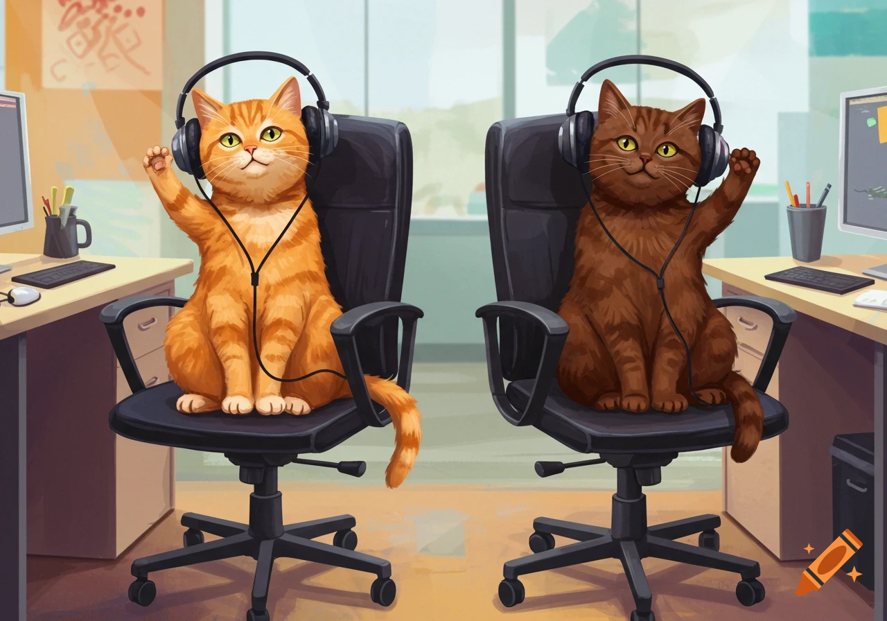 A ginger cat and a brown cat wearing headphones sit in office chairs, raising a paw.
