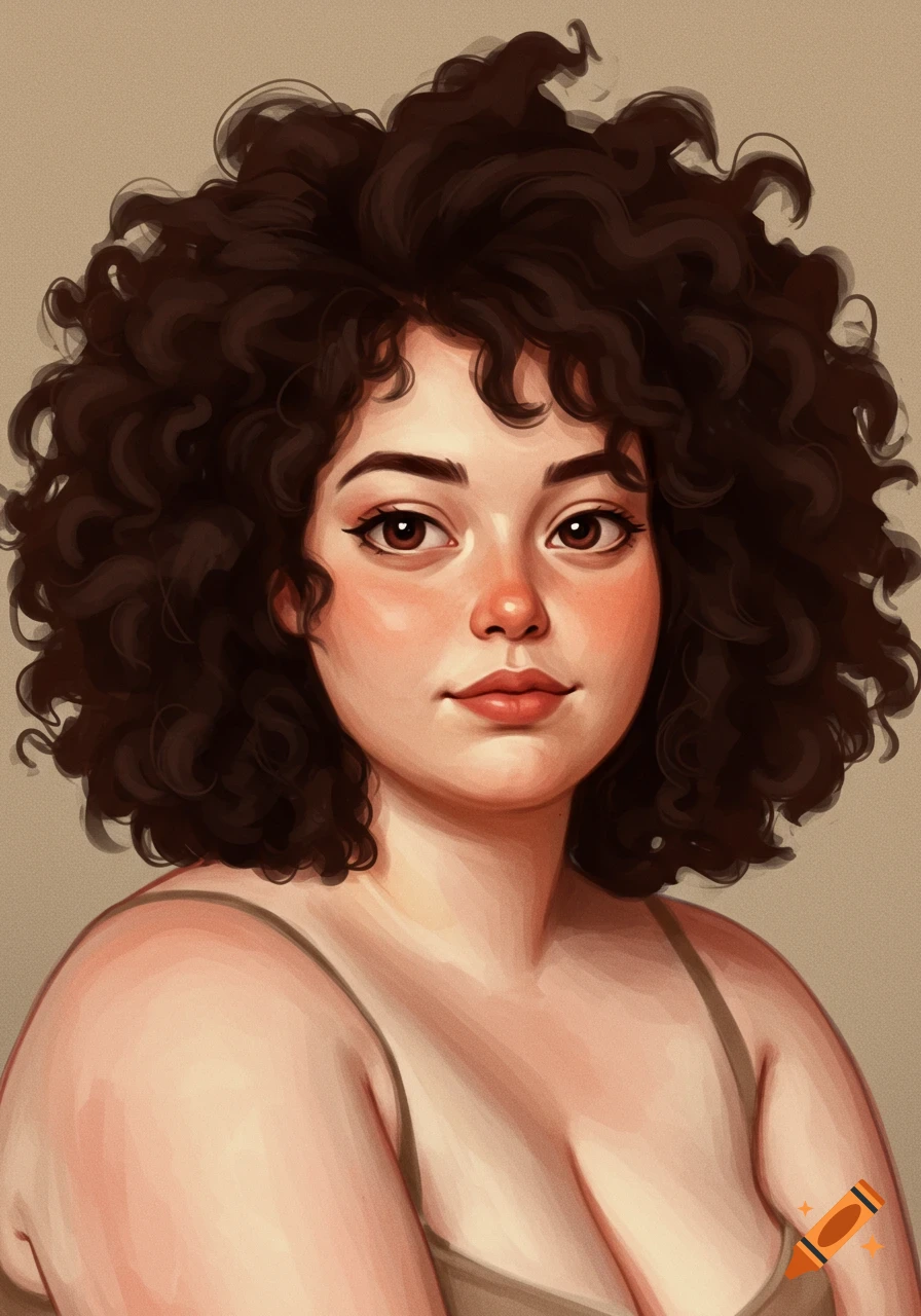 A close-up of a woman with curly brown hair, brown eyes, and flushed cheeks, looking at the viewer.