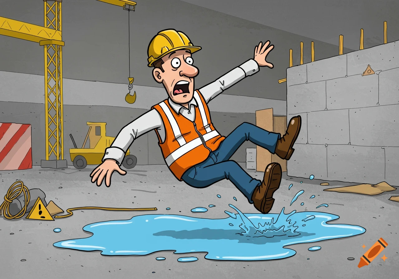 Cartoon of a construction worker falling after slipping on a puddle.