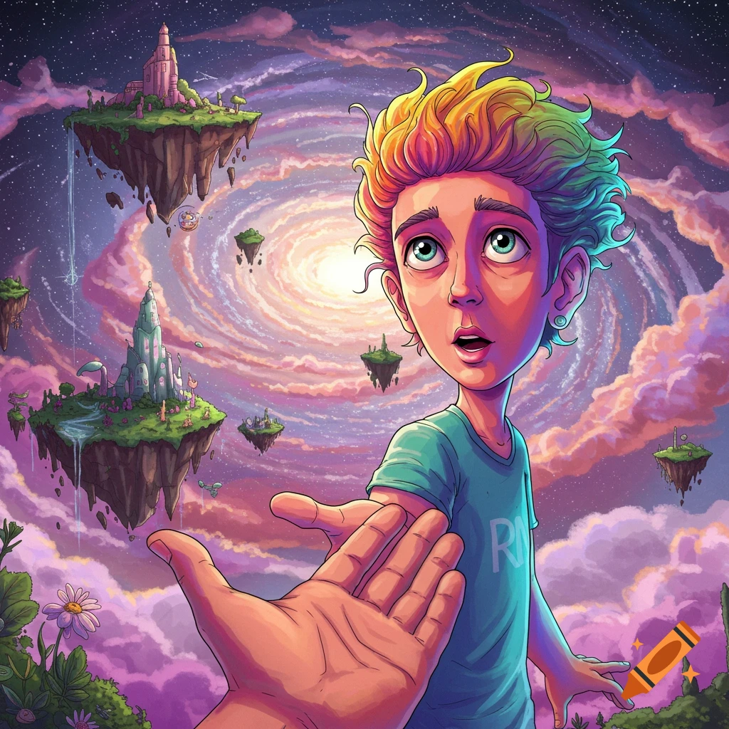 Illustration of a person reaching for a hand in a surreal sky with floating islands and a spiral galaxy.