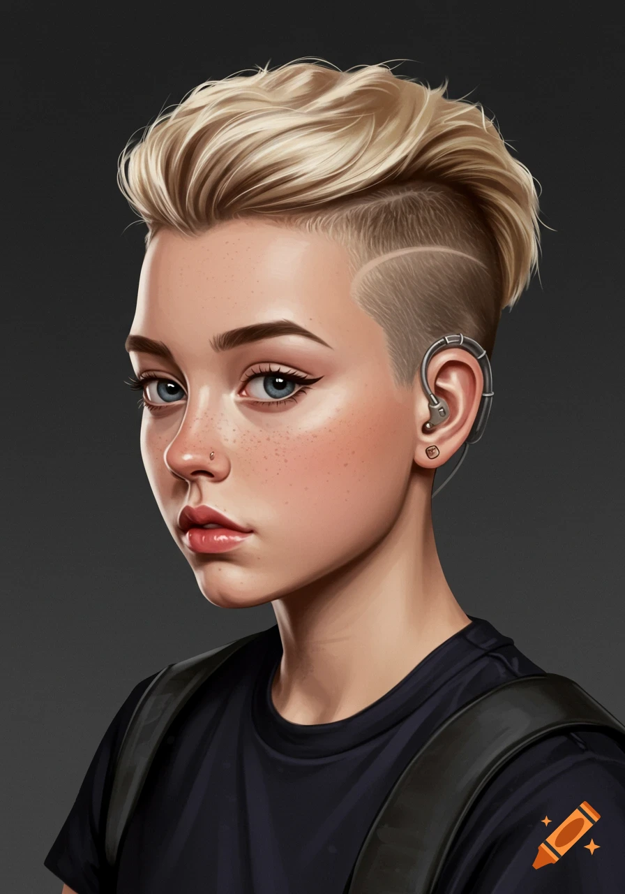 Portrait of a young person with short blonde hair, shaved sides, freckles, and a complex ear device.