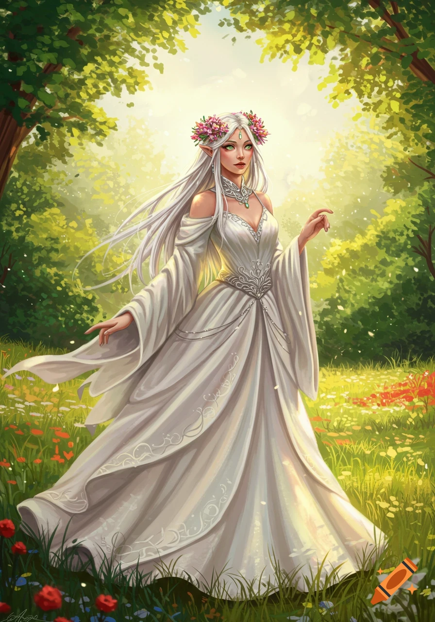 A female elf in a white dress standing in a sunlit forest.