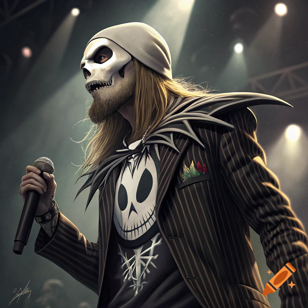 Figure in a skull mask, beanie, and pinstripe jacket holding a microphone on stage.