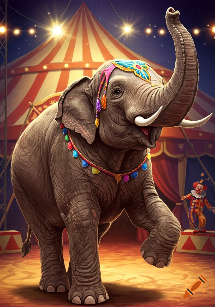A decorated elephant with its trunk raised on a stage in a circus tent with a clown in the background.