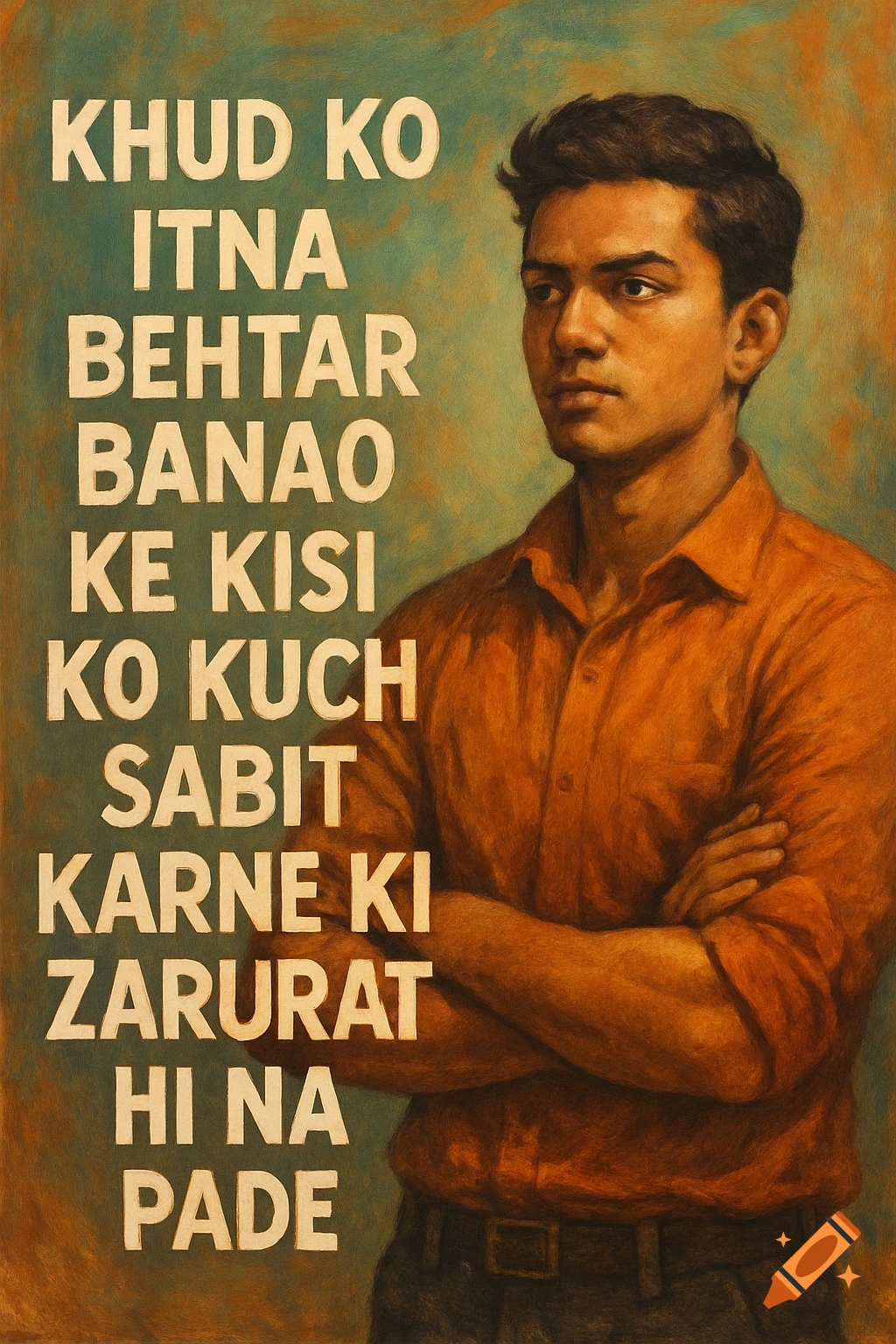 A young man with crossed arms stands next to large motivational text.