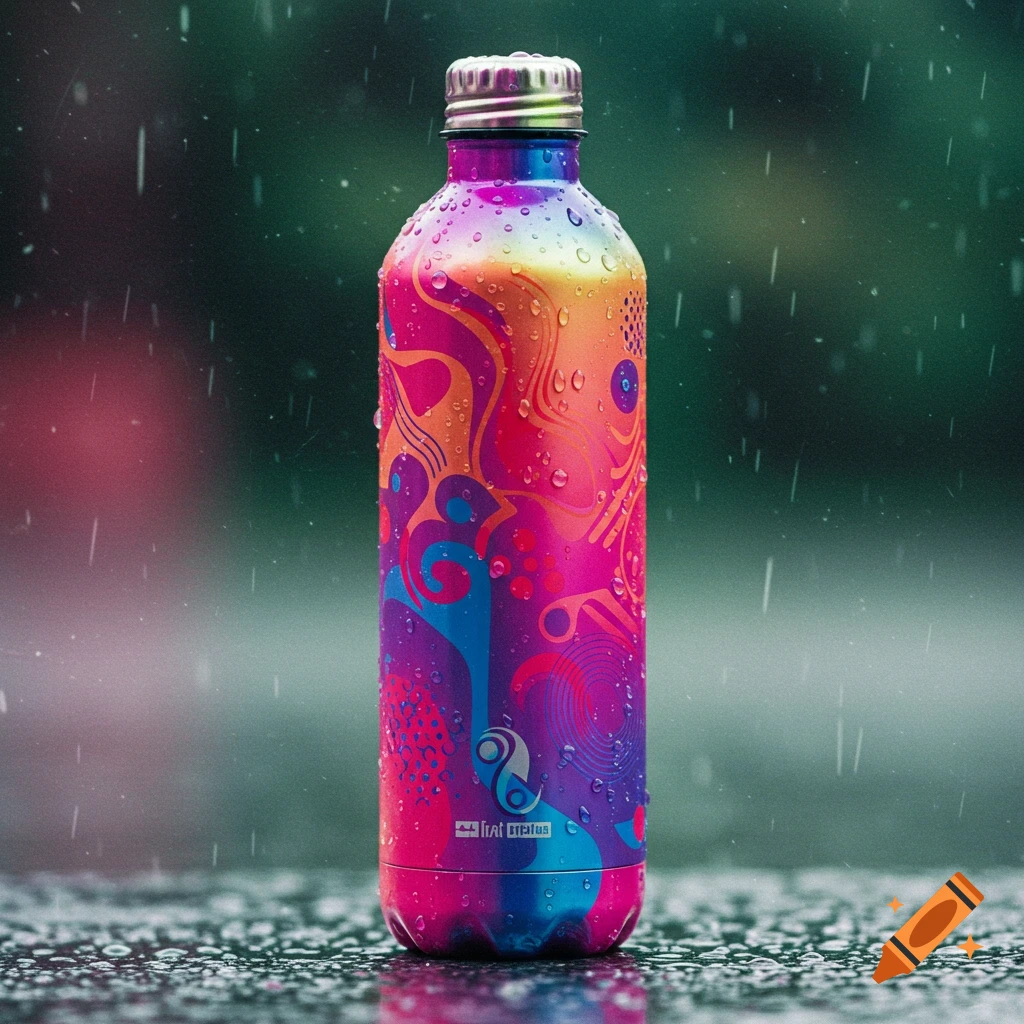 A vibrant patterned water bottle covered in rain droplets.