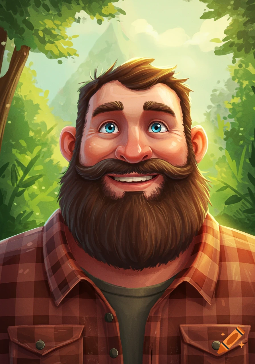 A smiling man with a beard and mustache is looking up in a forest.