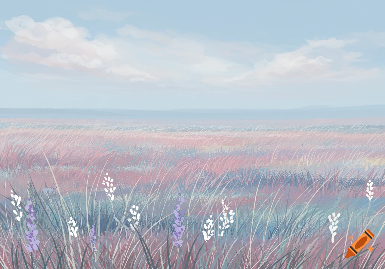 Stylized abstract meadow with pink and blue grass under a cloudy sky.
