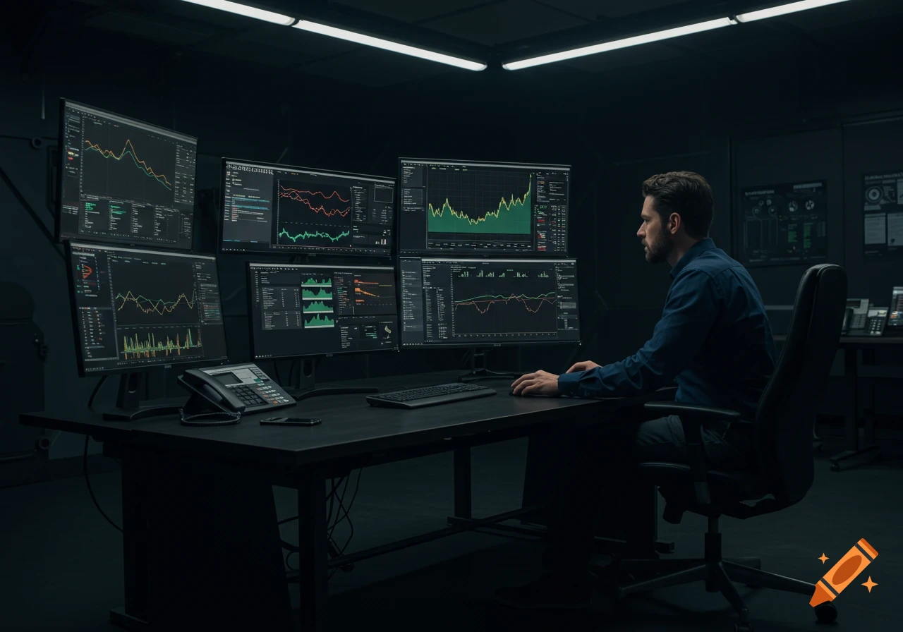 A man sits at a desk in a dark room, surrounded by computer monitors showing data charts and graphs.