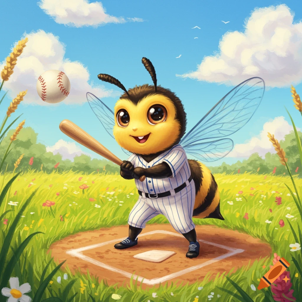 A cute cartoon bee in a baseball uniform swings a bat in a sunny meadow.