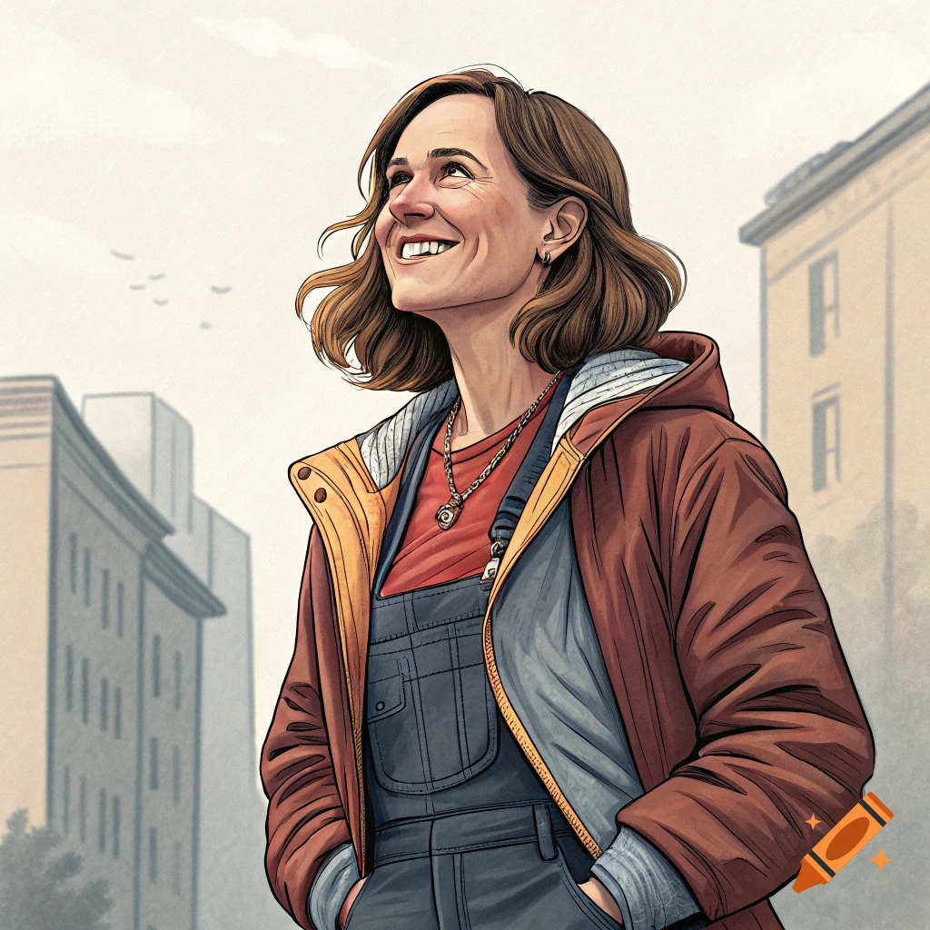 Illustration of a smiling woman in a coat and overalls looking up in an urban setting.