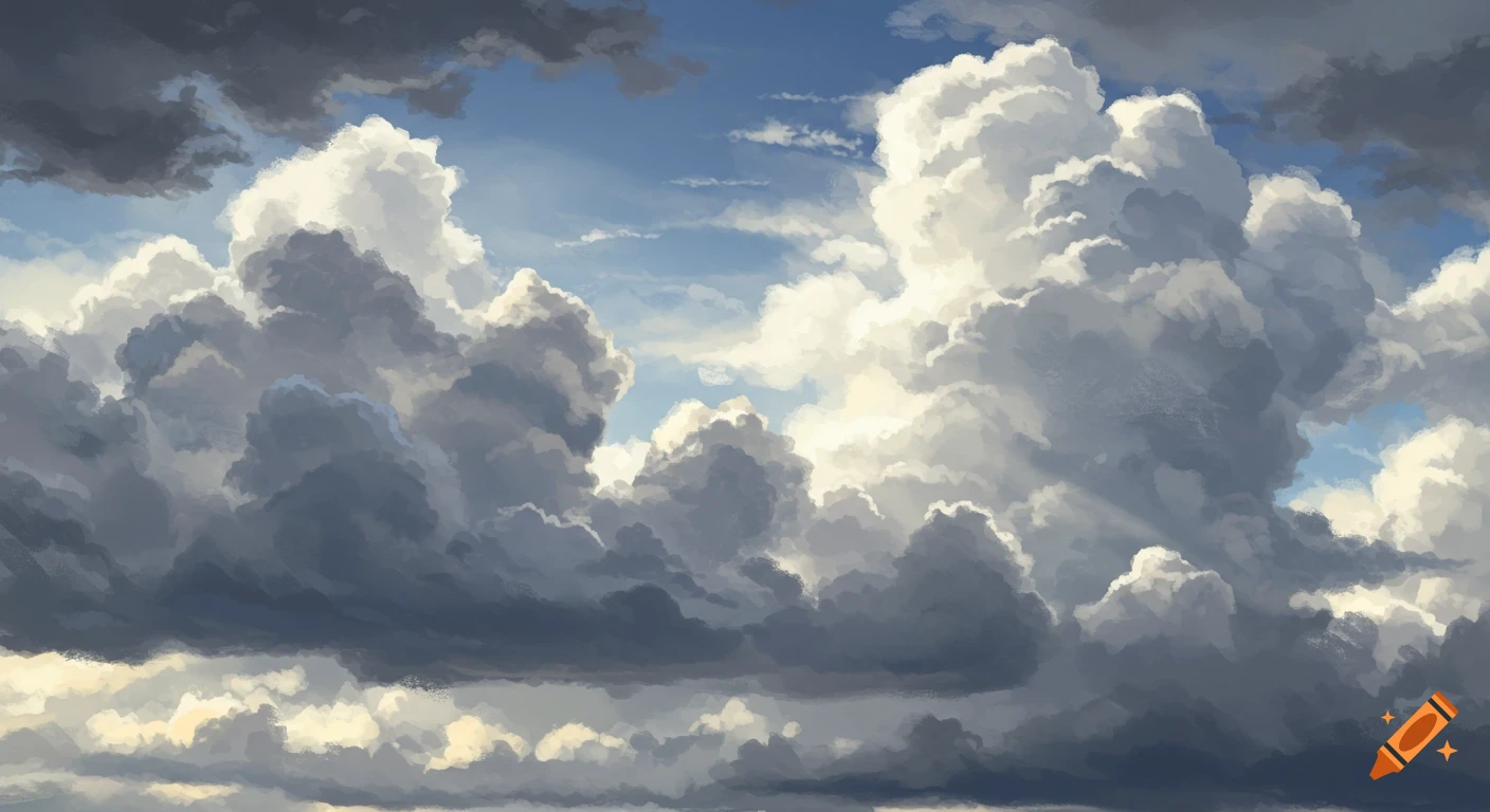A cloudy sky with dramatic layered clouds and sunlight breaking through.