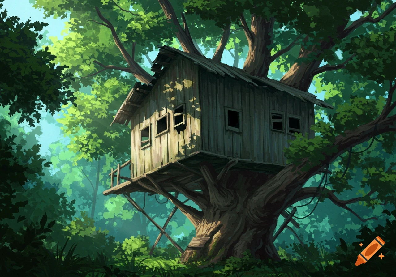 An abandoned treehouse in a lush forest.