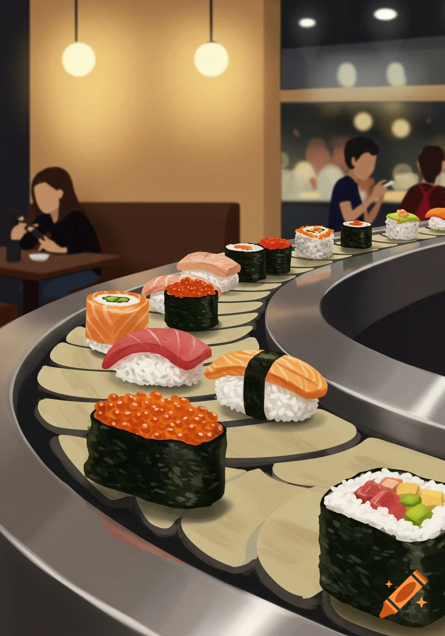Various sushi plates on a conveyor belt in a restaurant.