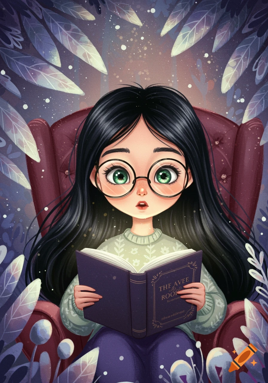 Illustration of a girl with glasses reading a book in an armchair in a whimsical forest.