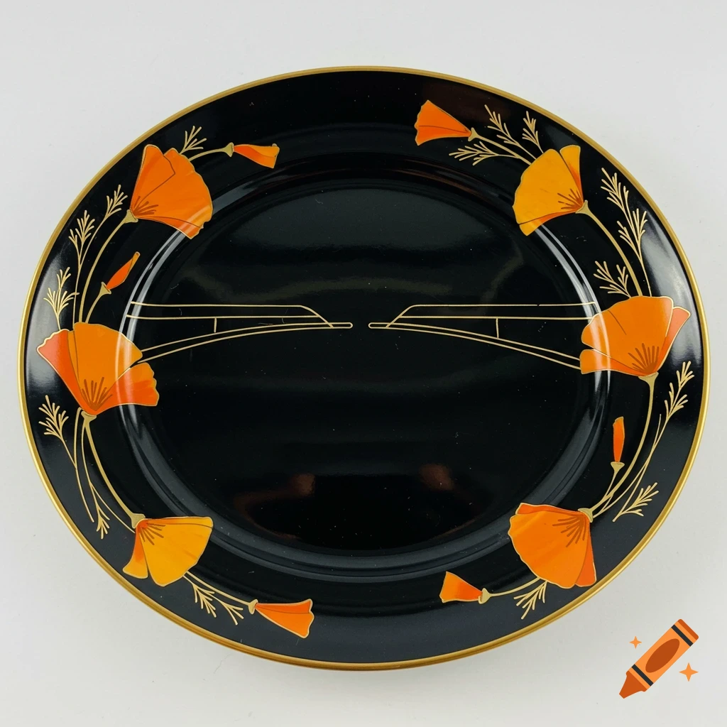 Black plate with gold rim, orange poppies, and gold art deco design