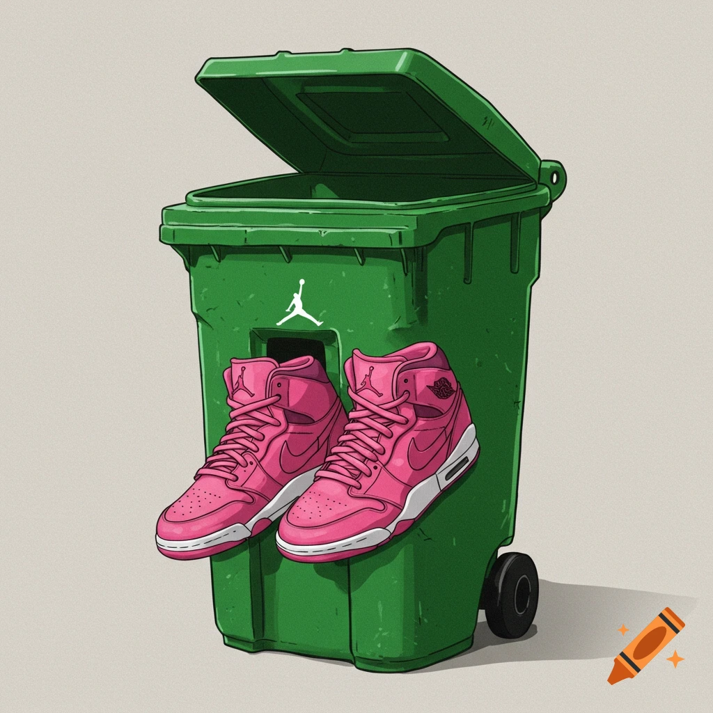Pink high-top sneakers are hanging on a green trash can with a white logo.