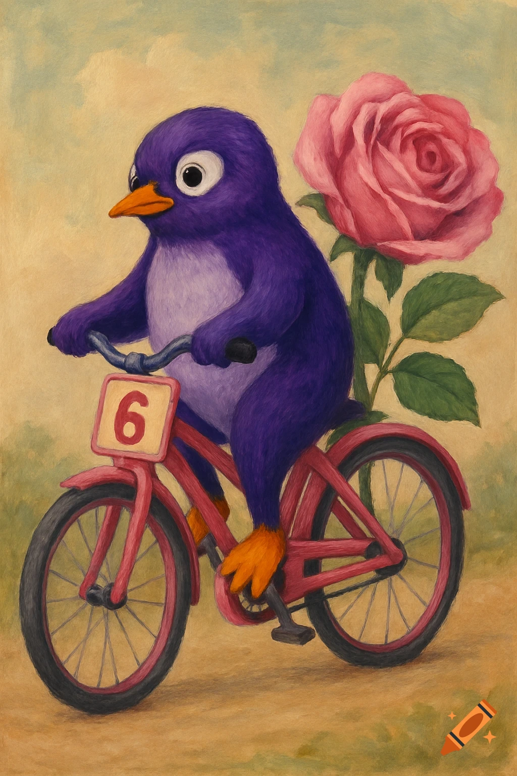 a-purple-penguin-rides-a-red-bicycle-with-a-large-pink-rose-attached-to