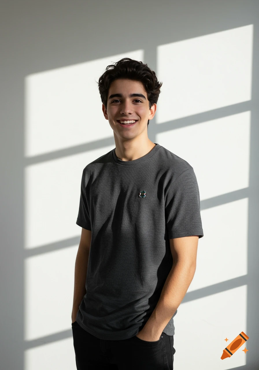 A young man smiles while standing against a wall with shadows from a window. He wears a grey t-shirt and black pants.