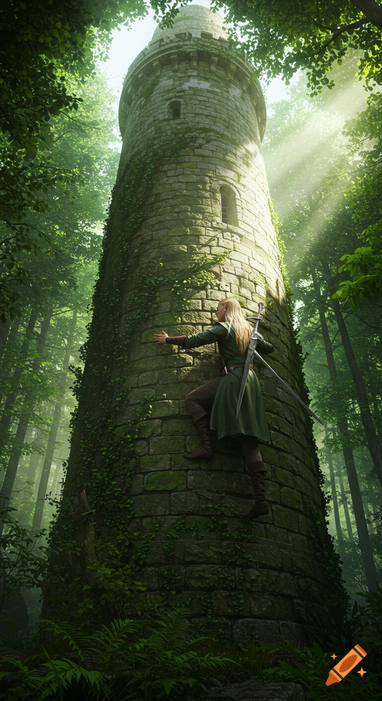 Elf climbing tall stone tower in a forest