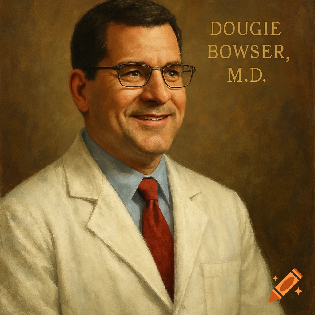 Portrait of a man in a doctor's coat with text 'DOUGIE BOWSER, M.D.'.