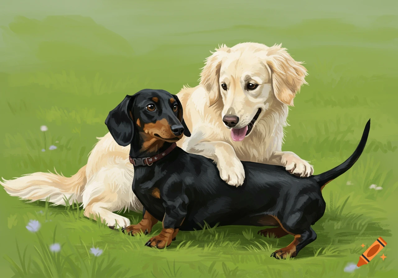 A black dachshund and a golden retriever lying together on grass.