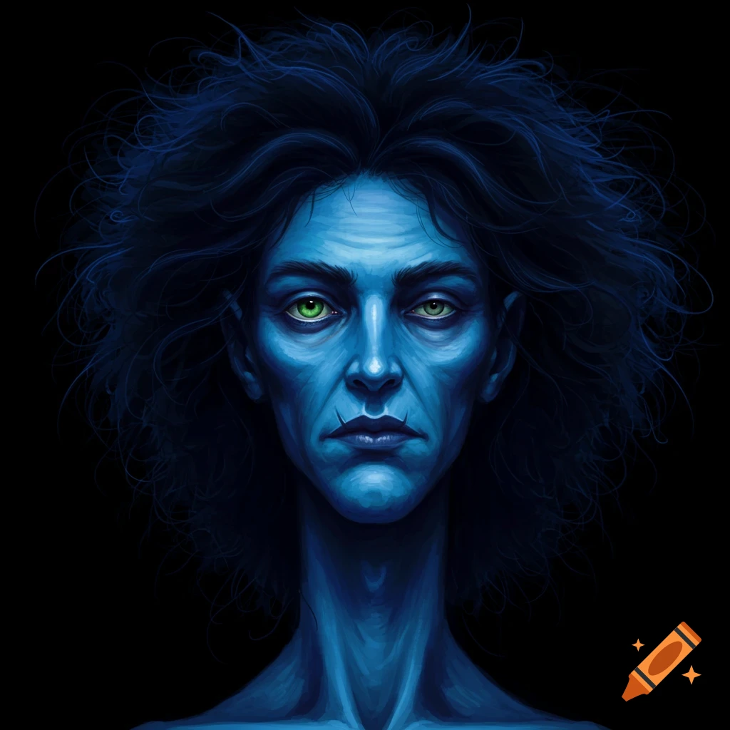 A portrait of a blue-skinned person with wild dark hair and striking green eyes.