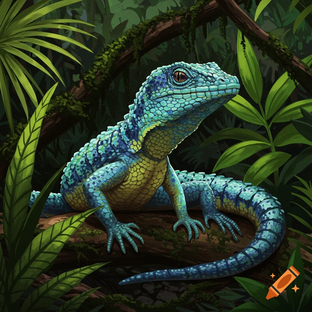 A blue and yellow lizard sits on a log in a lush jungle.