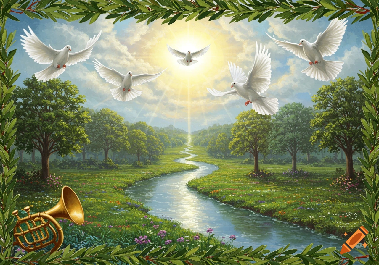 White doves flying over a river flowing through a green valley, framed by leaves and a French horn.