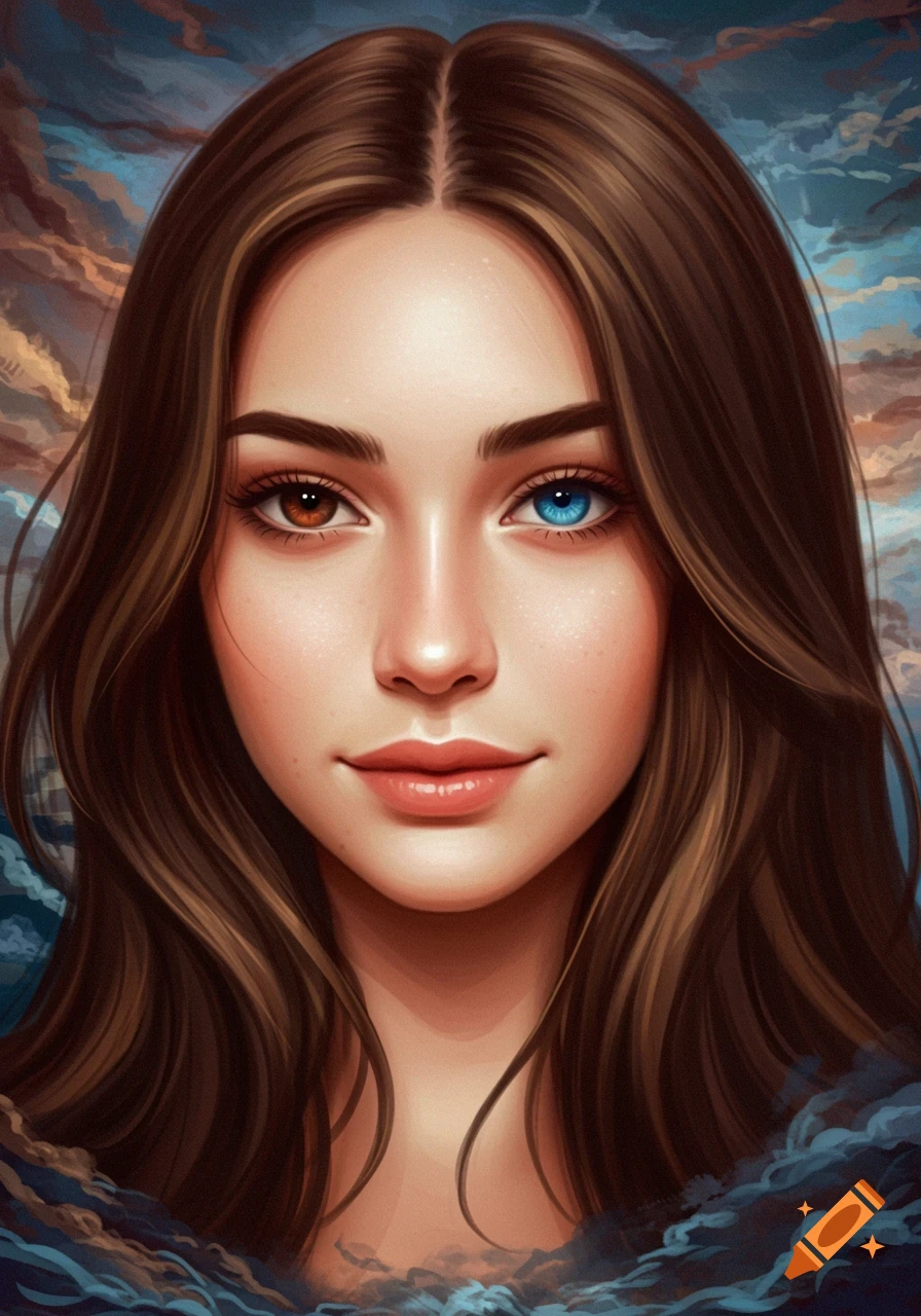 A woman with brown and blue heterochromatic eyes and brown hair against a swirling background.