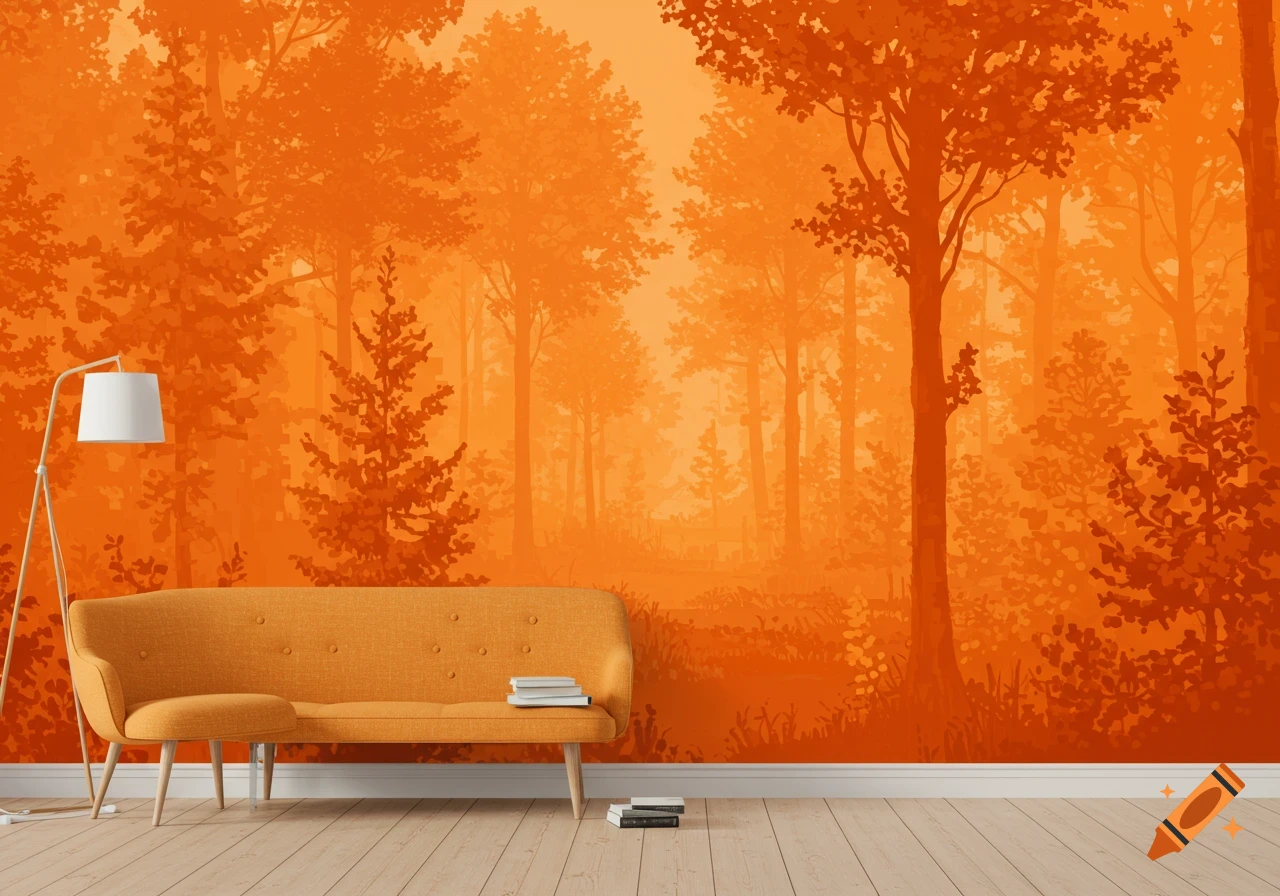 An orange sofa and floor lamp are placed against a wall with a large orange forest pattern mural.