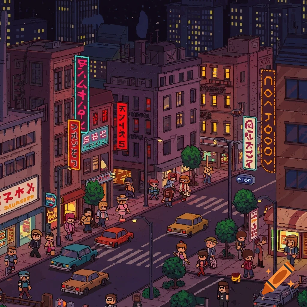 Pixel art illustration of a busy city street at night with cars and pedestrians under bright neon signs.