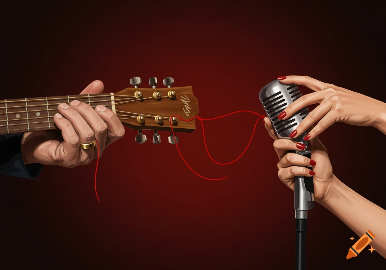 Hands playing guitar and holding a microphone, connected by a red thread.
