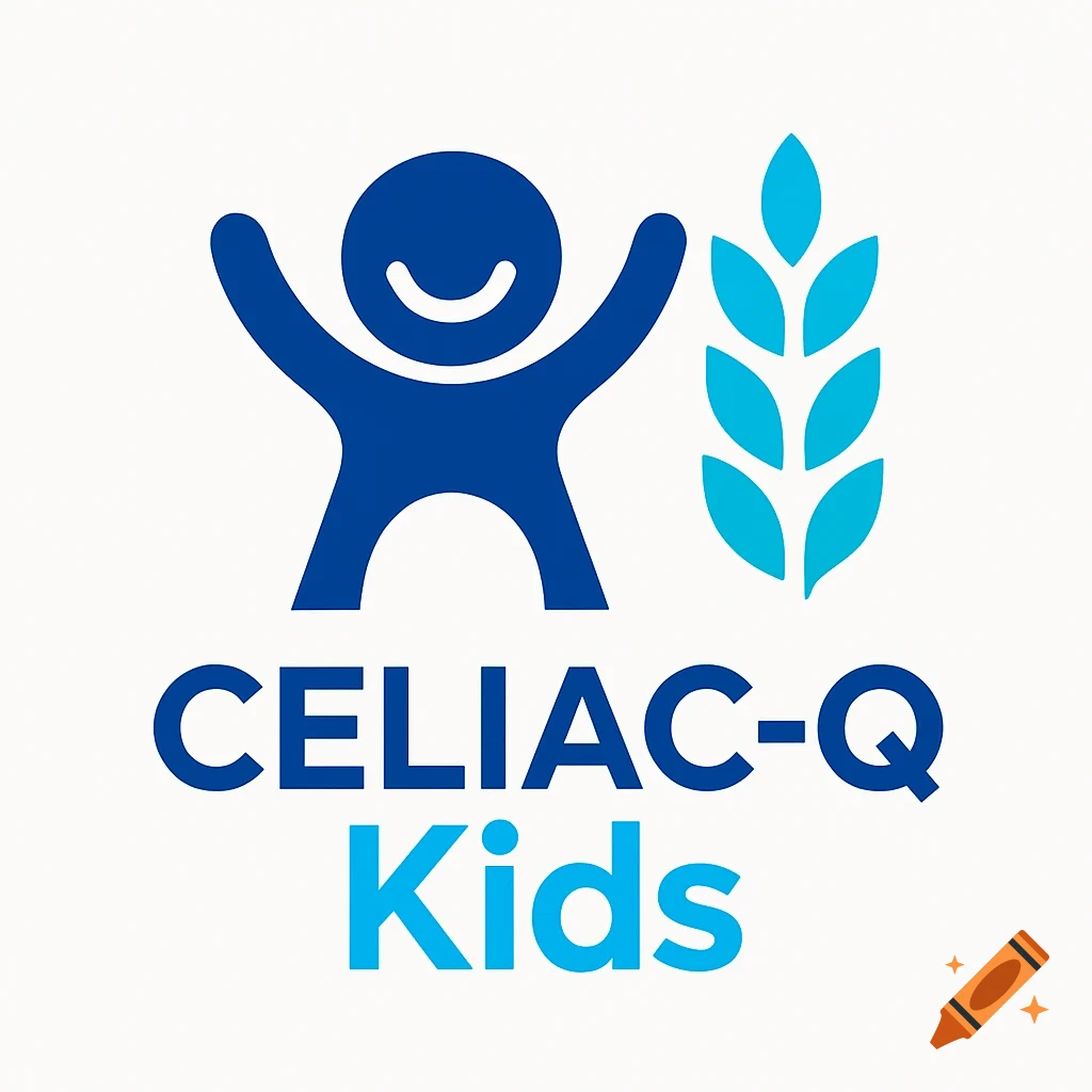 Logo with blue stick figure child, wheat stalks, and text CELIAC-Q Kids