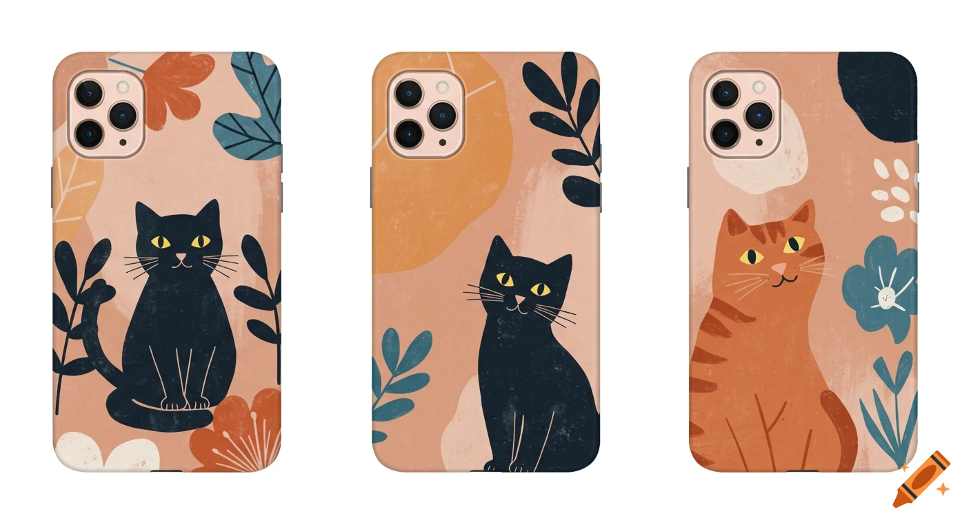 Three phone cases with abstract designs of cats, leaves, and shapes