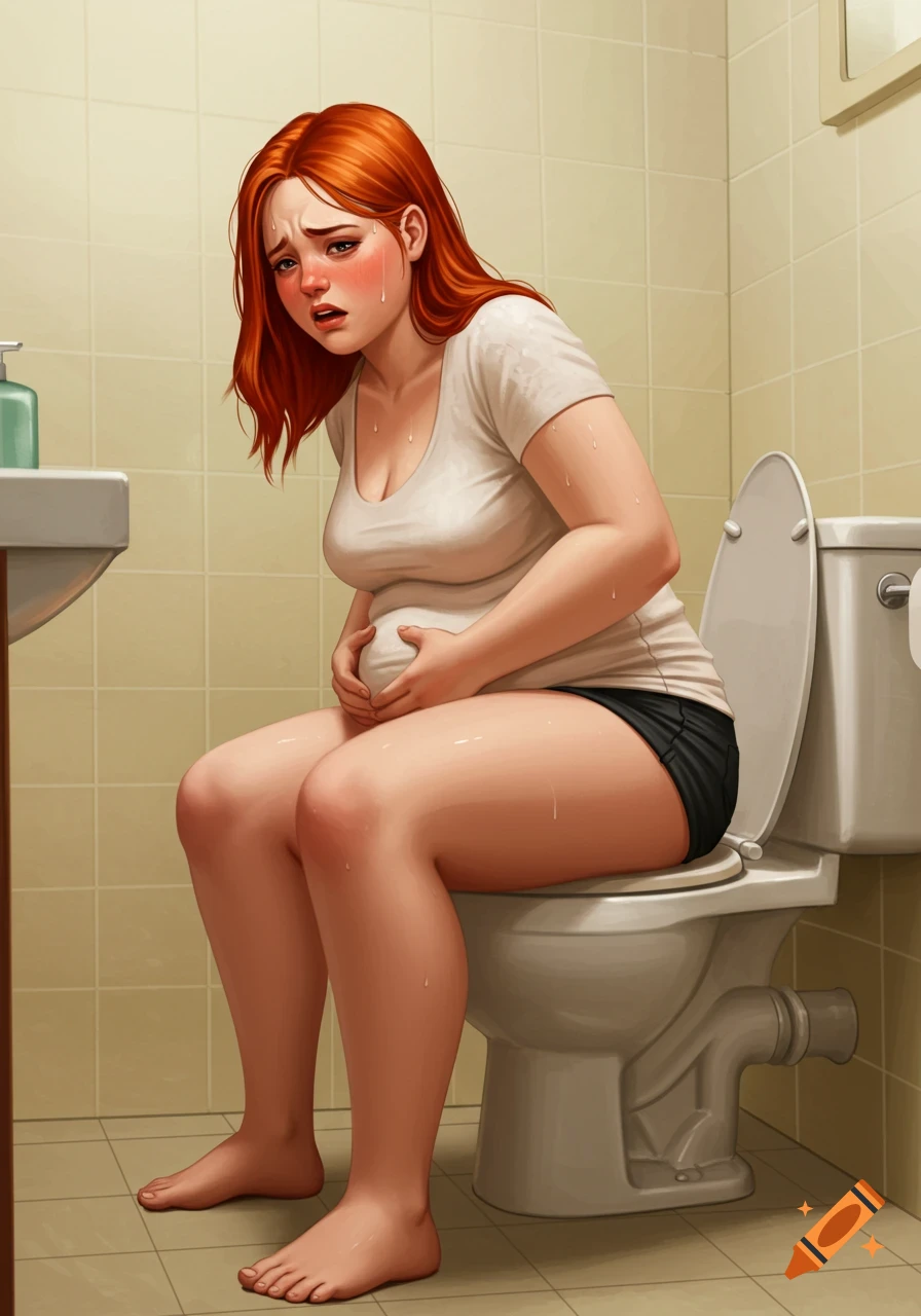 A woman sits on a toilet holding her stomach, looking upset in a bathroom.