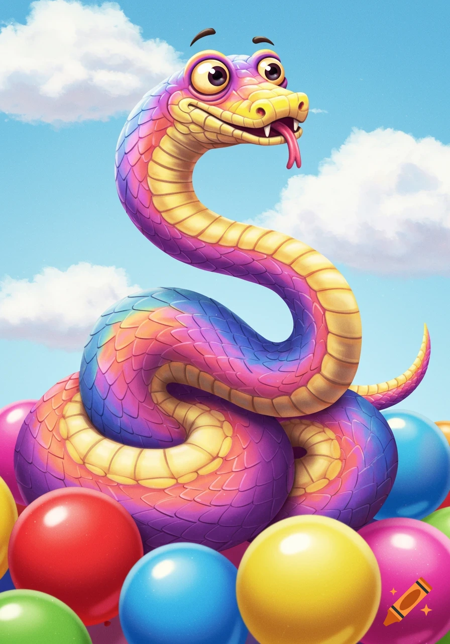 A colorful cartoon snake smiling among bright balloons