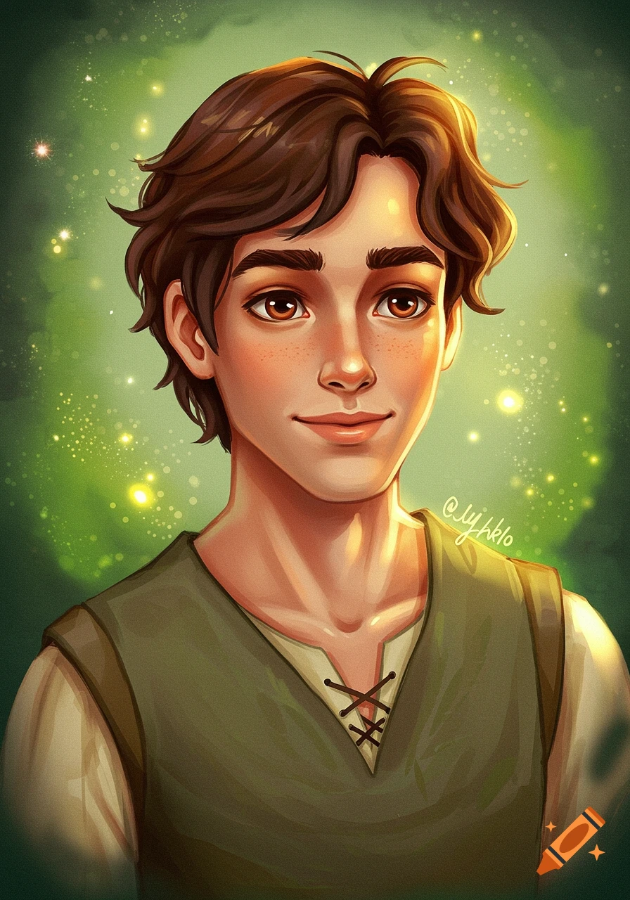 A young man with brown hair and freckles wears a green tunic against a magical green background.